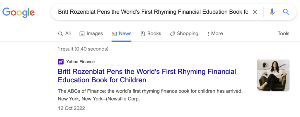 Google News, Britt Rozenblat Pens the World’s First Rhyming Financial Education Book for Children