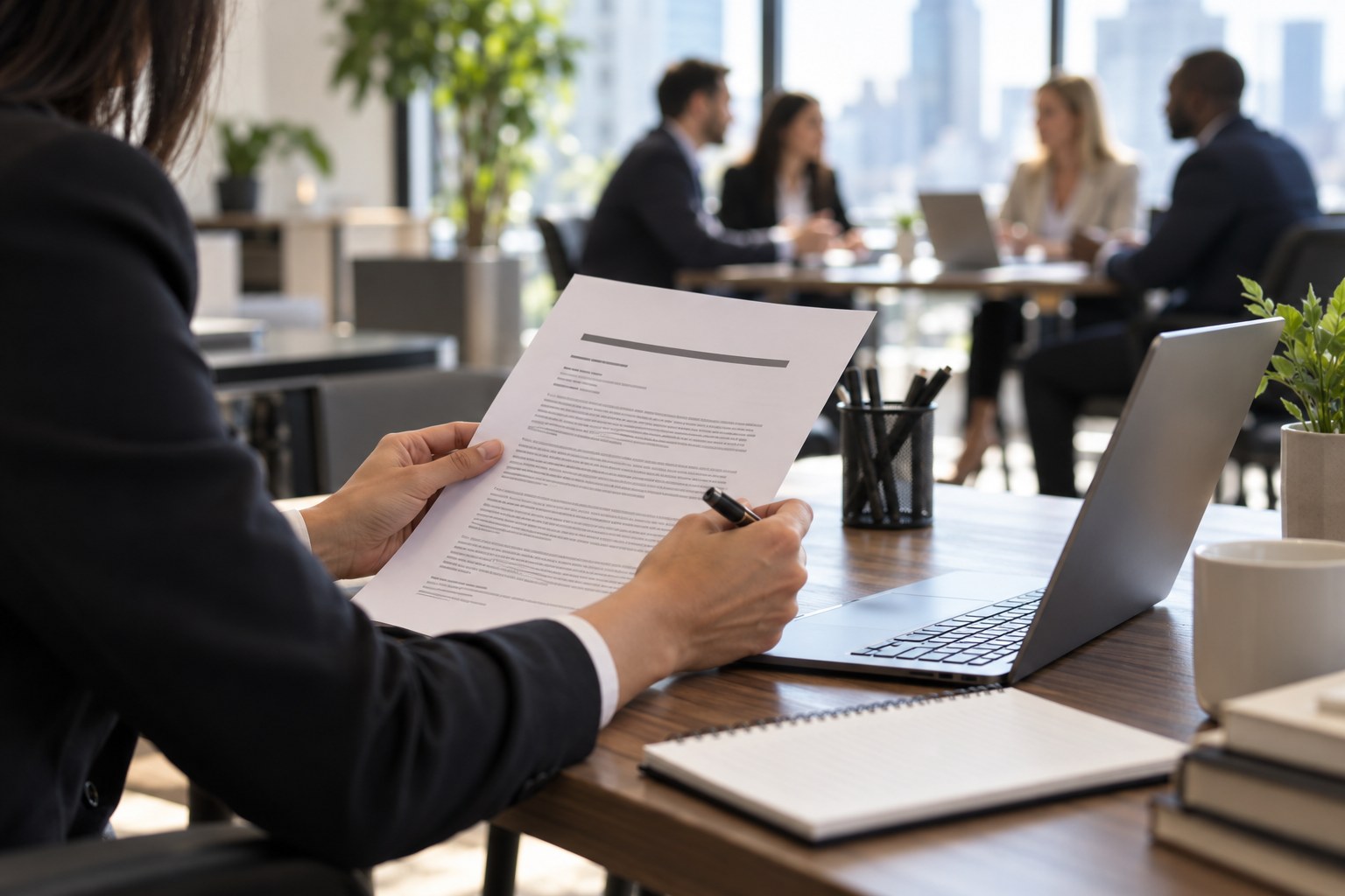 Communications professional reviewing a press release in a modern office