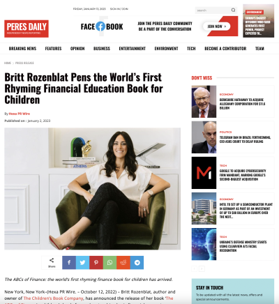 Britt Rozenblat Pens the World’s First Rhyming Financial Education Book for Children, Peres Daily