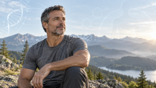 Editorial illustration of a middle-aged man outdoors with subtle hormone research graphics